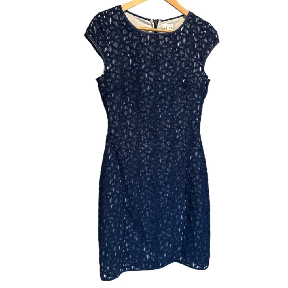 Reiss dress navy Blue Textured lined open knit size 6 cap sleeve